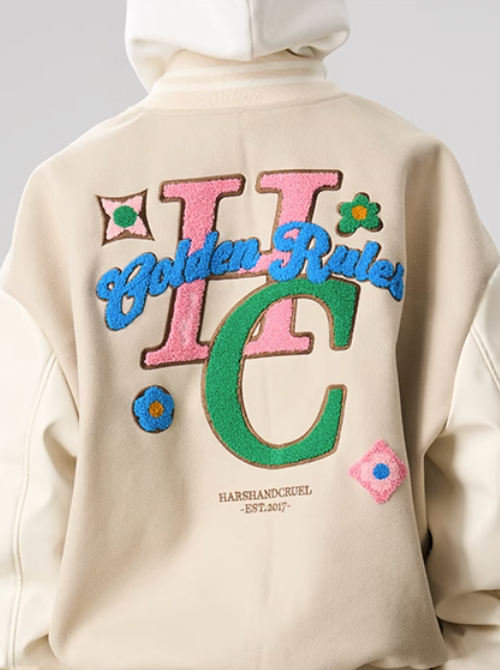 Harsh and Cruel Letters Flower Embroidery Baseball Jacket