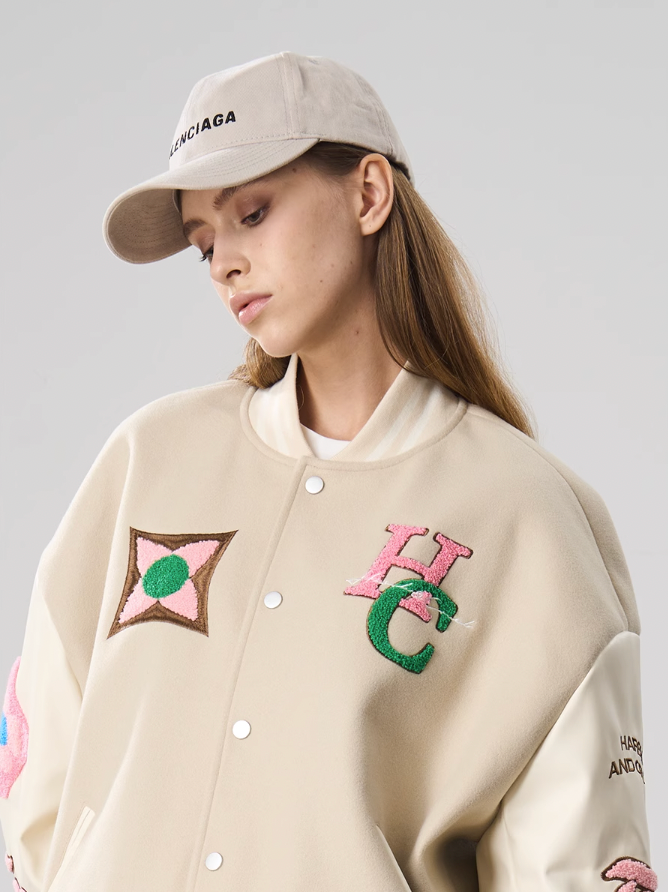 Harsh and Cruel Letters Flower Embroidery Baseball Jacket