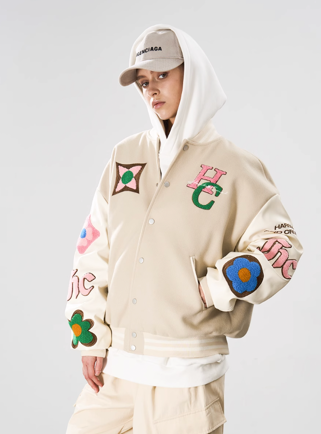 Harsh and Cruel Letters Flower Embroidery Baseball Jacket