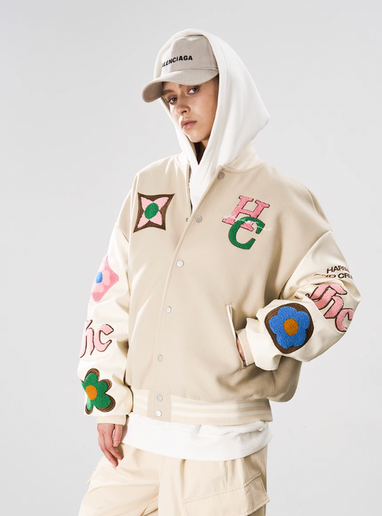 Harsh and Cruel Letters Flower Embroidery Baseball Jacket