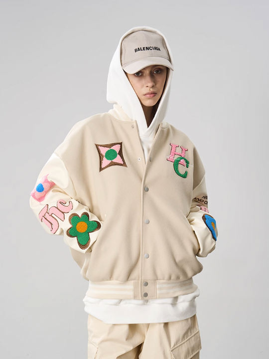 Harsh and Cruel Letters Flower Embroidery Baseball Jacket