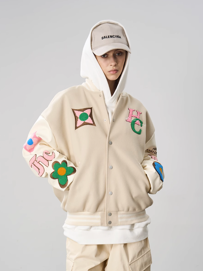 Harsh and Cruel Letters Flower Embroidery Baseball Jacket