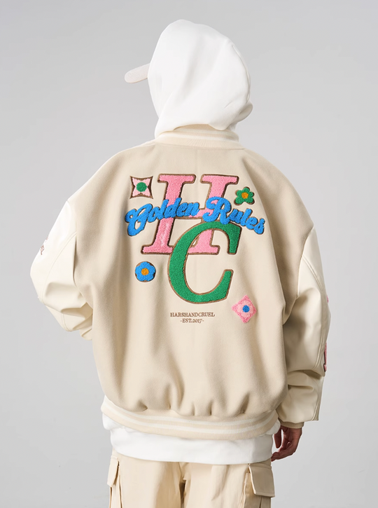 Harsh and Cruel Letters Flower Embroidery Baseball Jacket