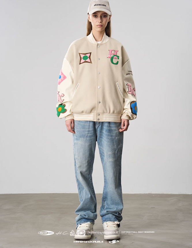 Harsh and Cruel Letters Flower Embroidery Baseball Jacket
