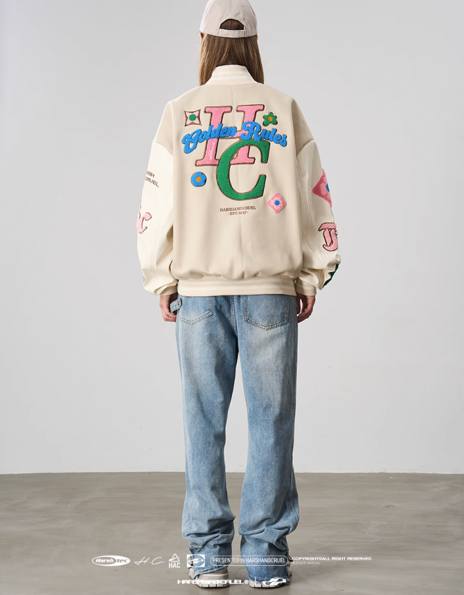 Harsh and Cruel Letters Flower Embroidery Baseball Jacket