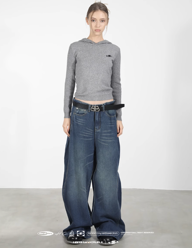 Harsh and Cruel 3D Twisted Wave Logo Distressed Washed Denim Pants