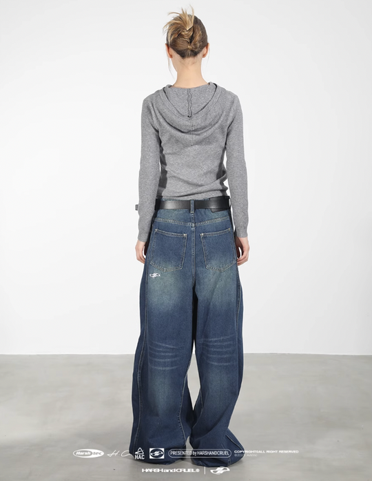 Harsh and Cruel 3D Twisted Wave Logo Distressed Washed Denim Pants