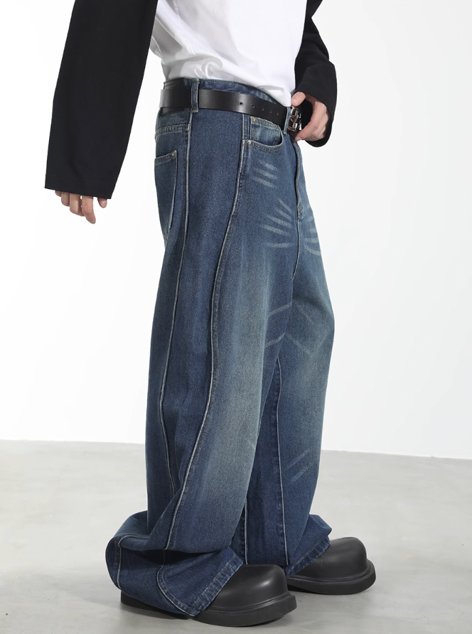 Harsh and Cruel 3D Twisted Wave Logo Distressed Washed Denim Pants