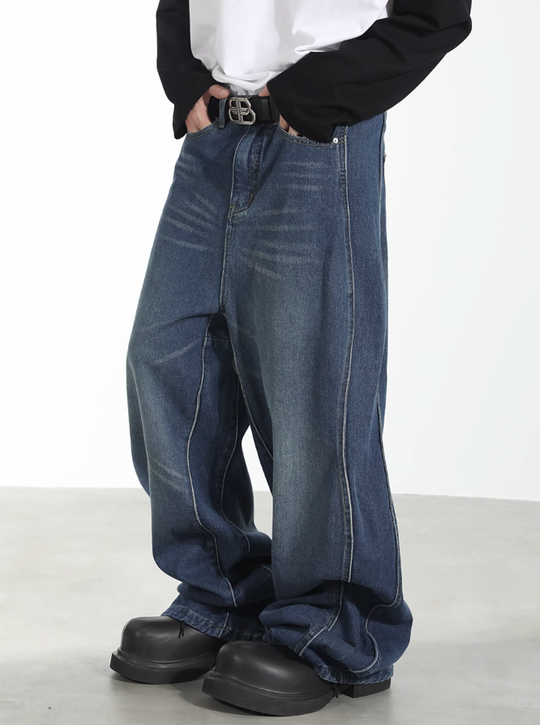 Harsh and Cruel 3D Twisted Wave Logo Distressed Washed Denim Pants