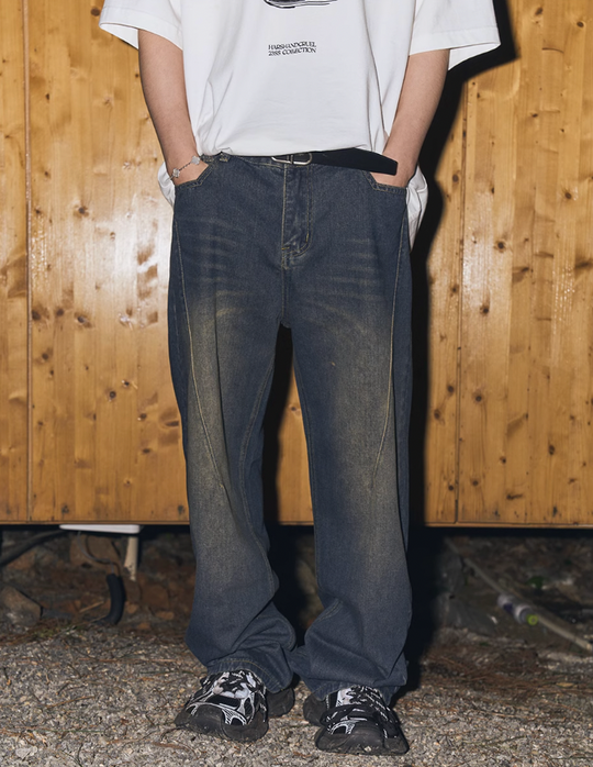 Harsh and Cruel Embroidered Logo Washed Stitched Denim Pants