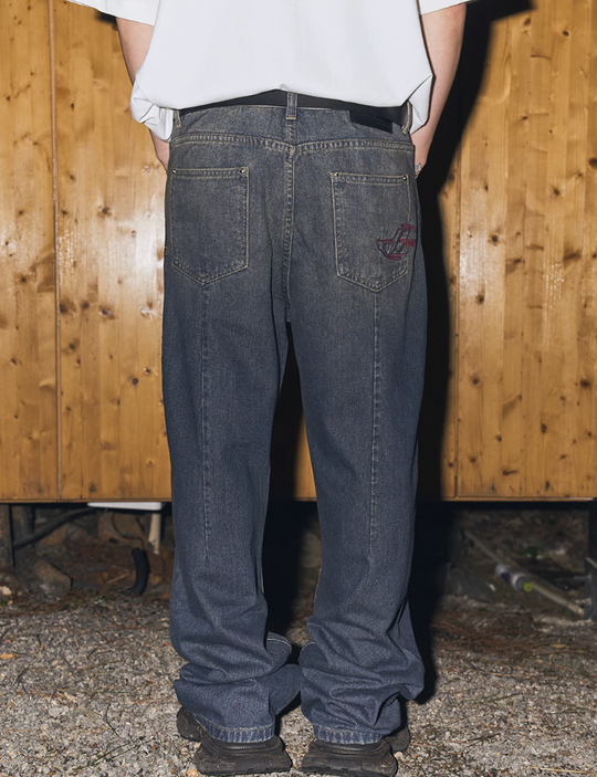 Harsh and Cruel Embroidered Logo Washed Stitched Denim Pants