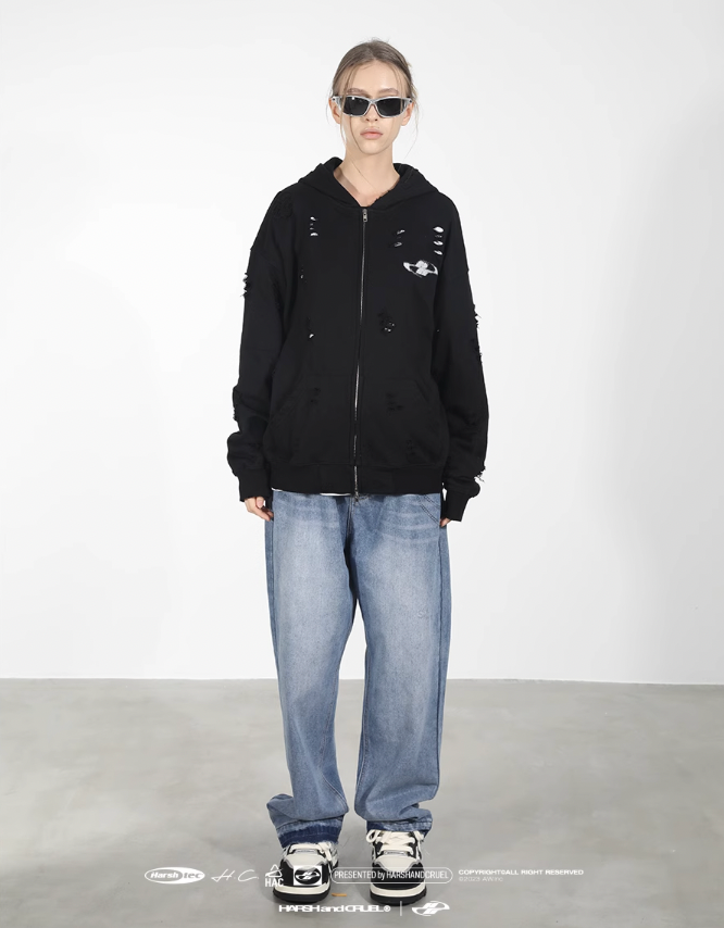 Harsh and Cruel Washed Hand Destroyed Noise Shadow Print Hoodie