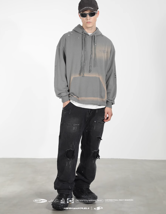 Harsh and Cruel Wash Damage Double Hooded Rope Hoodie