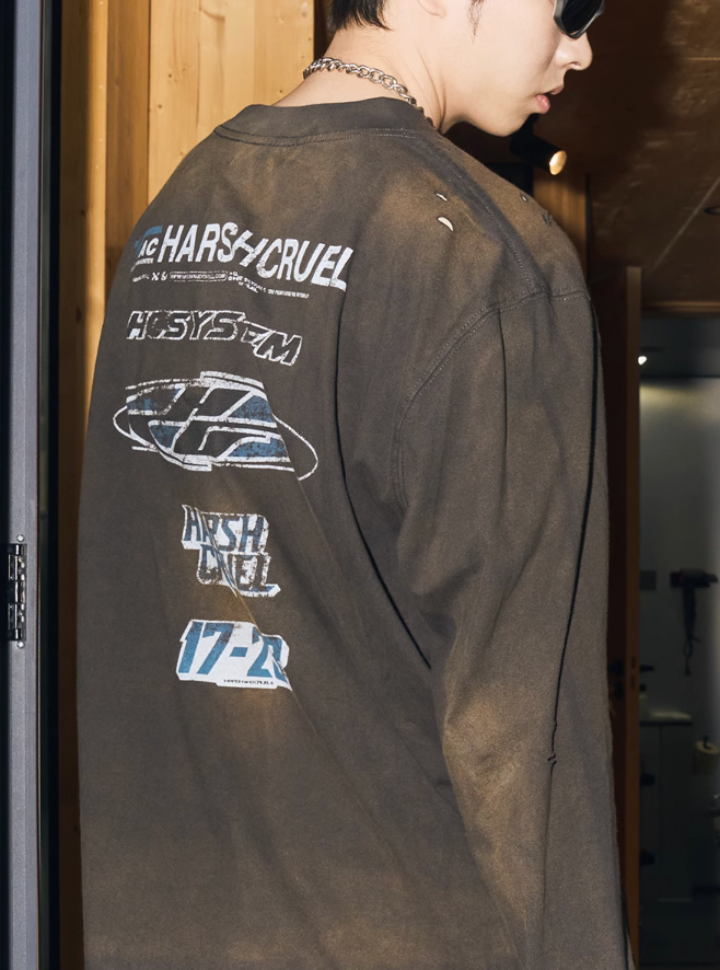 Harsh and Cruel Washed Destroyed Typography Printed Long Sleeve Tee