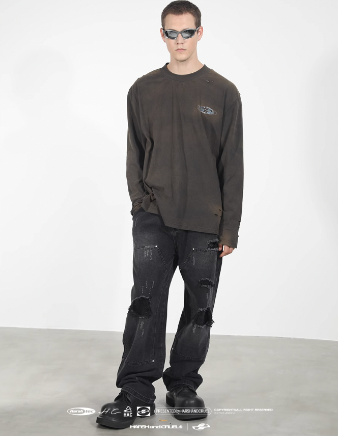 Harsh and Cruel Washed Destroyed Typography Printed Long Sleeve Tee