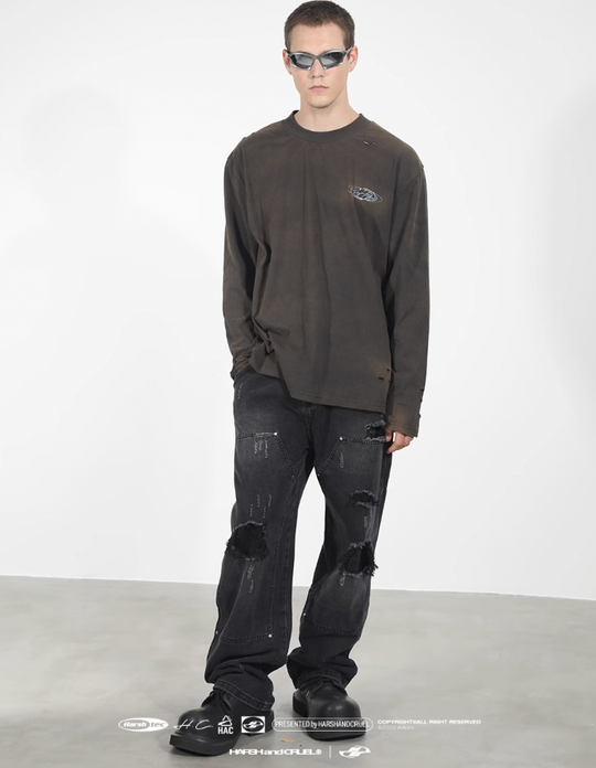 Harsh and Cruel Washed Destroyed Typography Printed Long Sleeve Tee