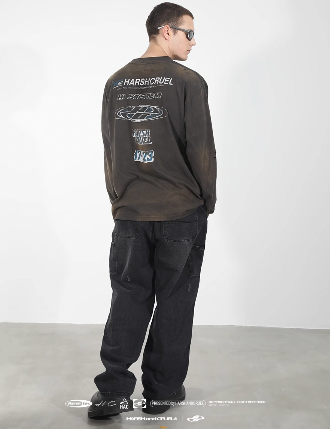 Harsh and Cruel Washed Destroyed Typography Printed Long Sleeve Tee