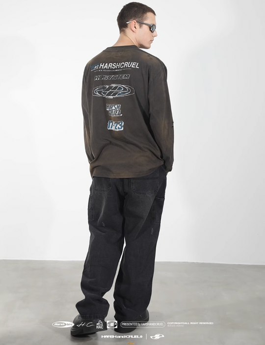 Harsh and Cruel Washed Destroyed Typography Printed Long Sleeve Tee