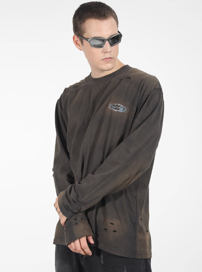 Harsh and Cruel Washed Destroyed Typography Printed Long Sleeve Tee