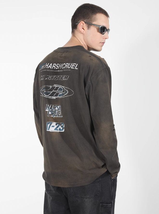 Harsh and Cruel Washed Destroyed Typography Printed Long Sleeve Tee
