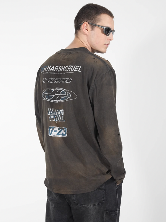 Harsh and Cruel Washed Destroyed Typography Printed Long Sleeve Tee