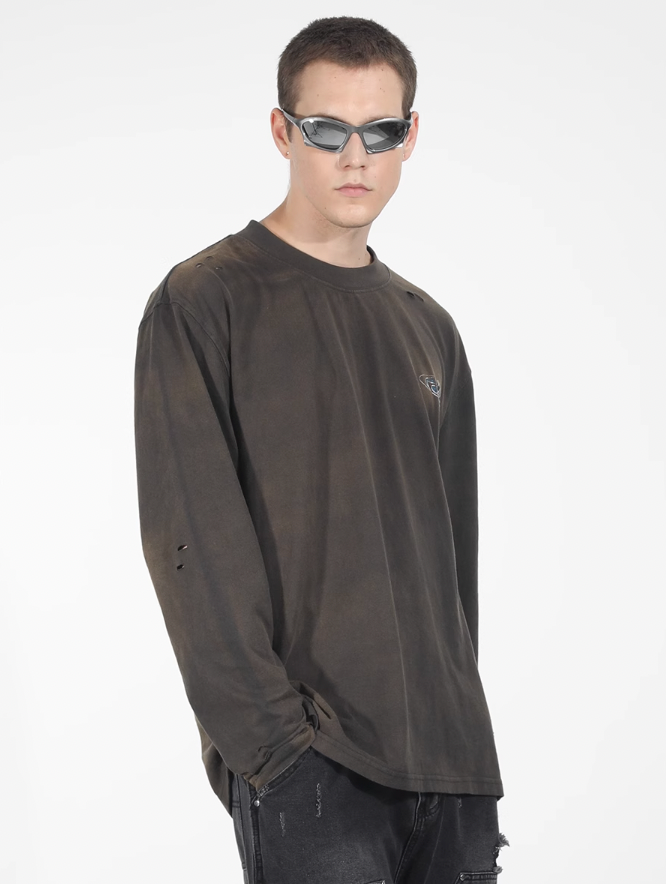 Harsh and Cruel Washed Destroyed Typography Printed Long Sleeve Tee
