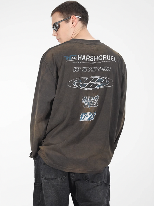 Harsh and Cruel Washed Destroyed Typography Printed Long Sleeve Tee