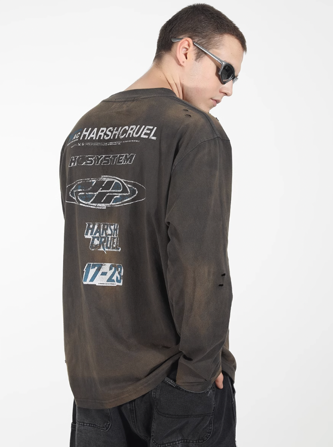 Harsh and Cruel Washed Destroyed Typography Printed Long Sleeve Tee