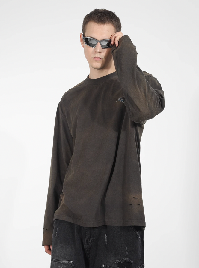 Harsh and Cruel Washed Destroyed Typography Printed Long Sleeve Tee