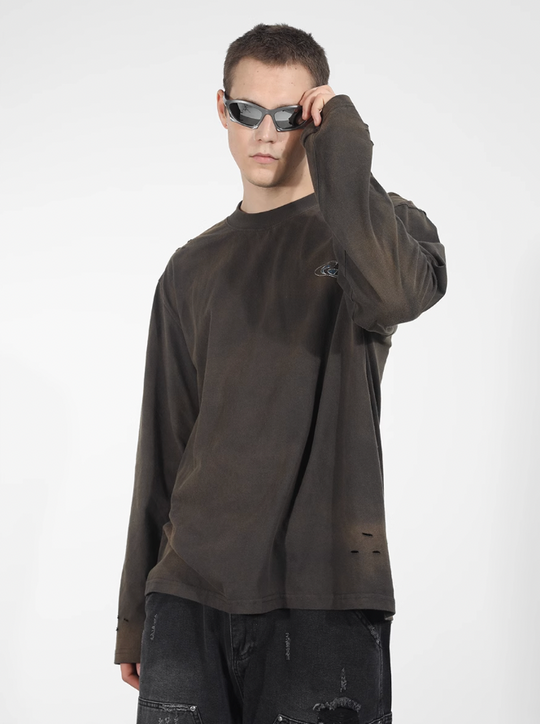 Harsh and Cruel Washed Destroyed Typography Printed Long Sleeve Tee
