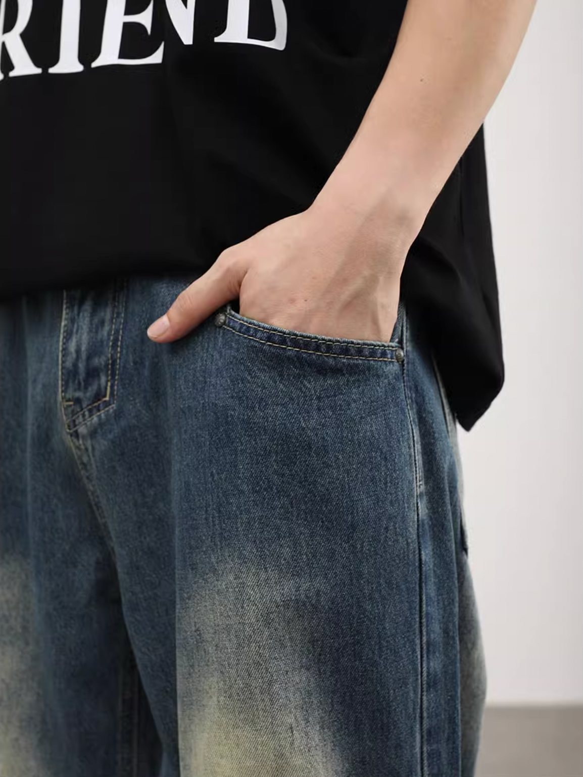 F3F Select Washed Pleated Splicing Denim Pants