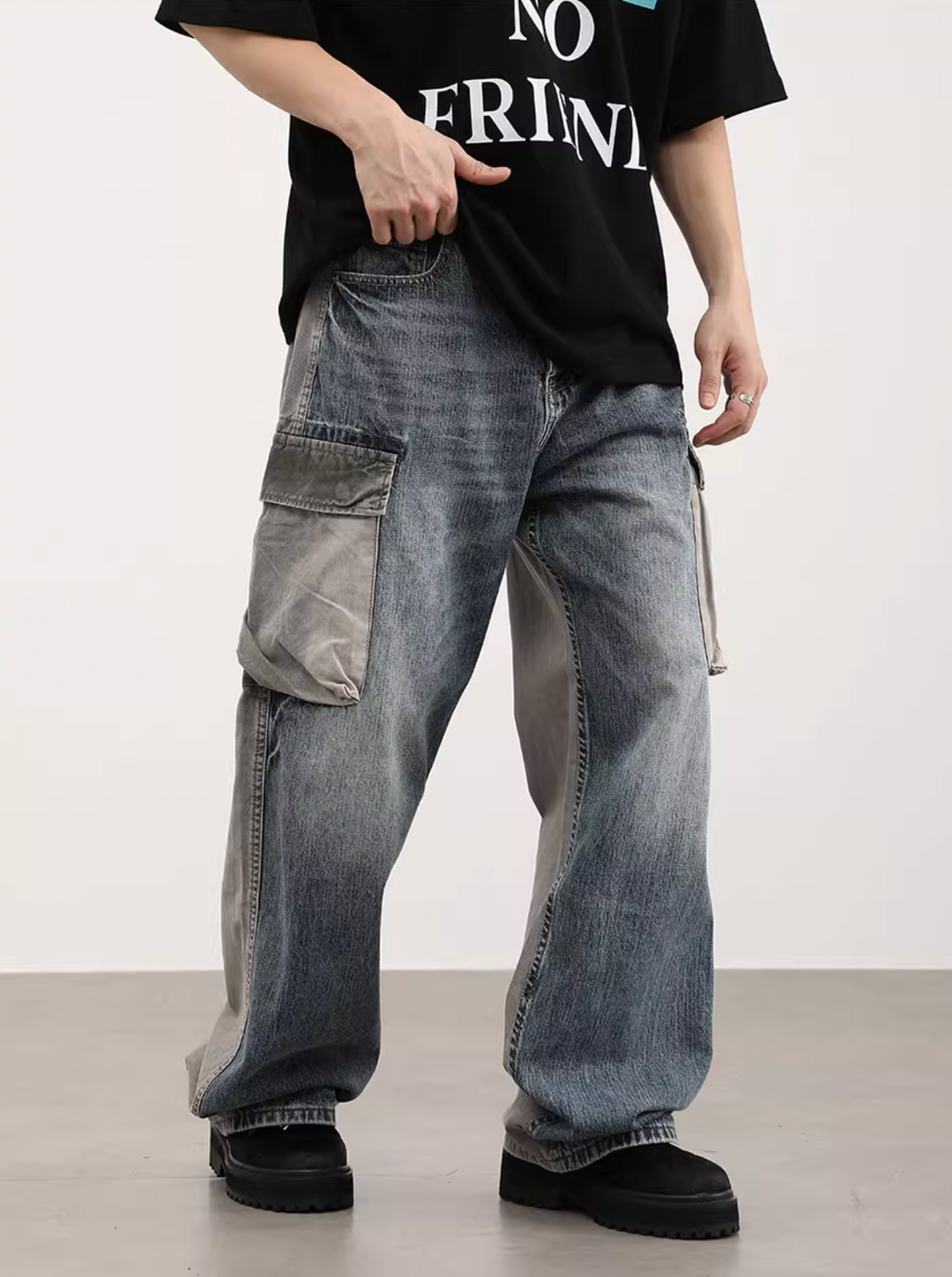 F3F Select Washed Multi Pocket Loose Denim Cargo Pants