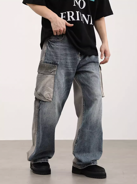 F3F Select Washed Multi Pocket Loose Denim Cargo Pants