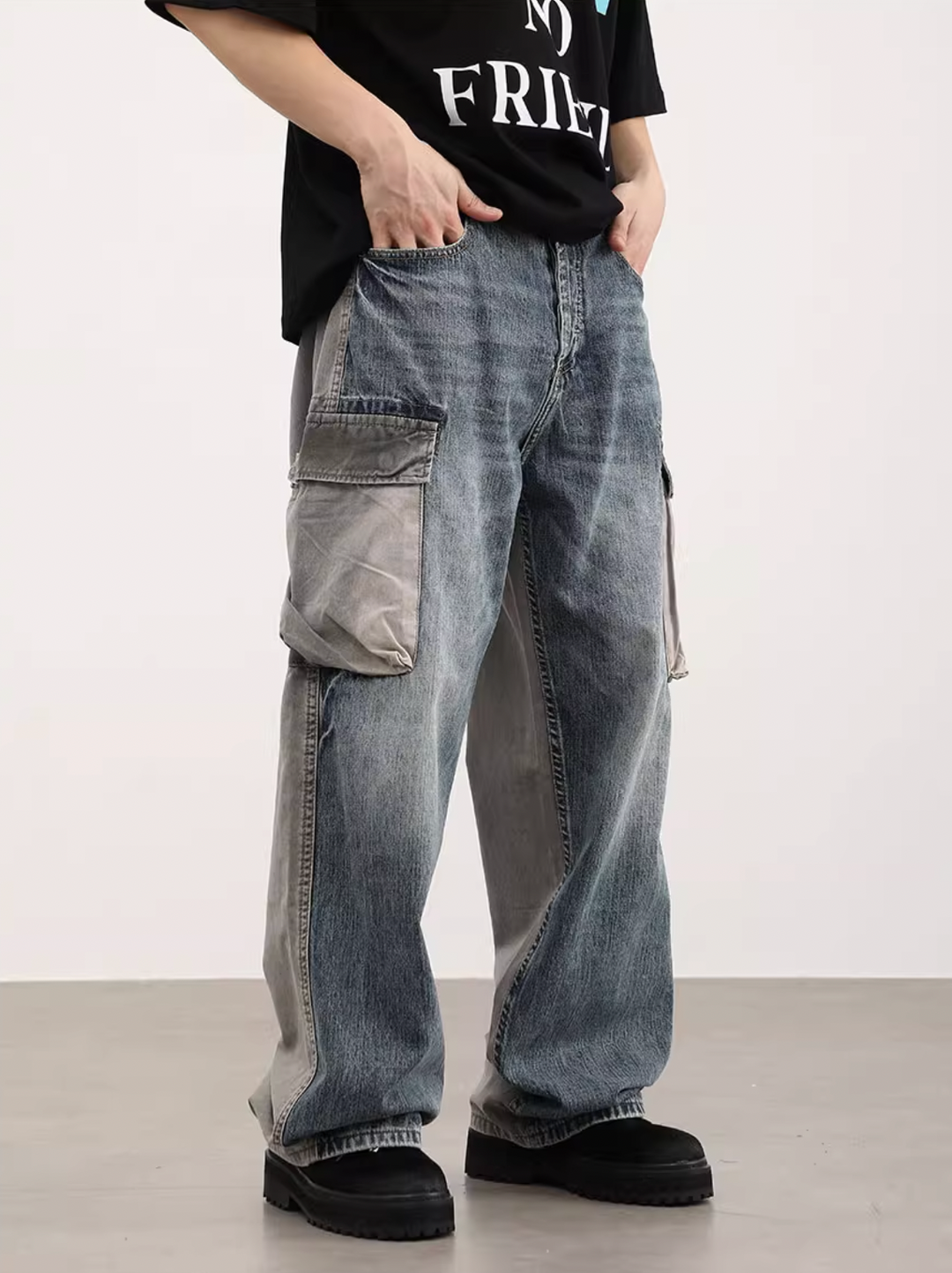 F3F Select Washed Multi Pocket Loose Denim Cargo Pants