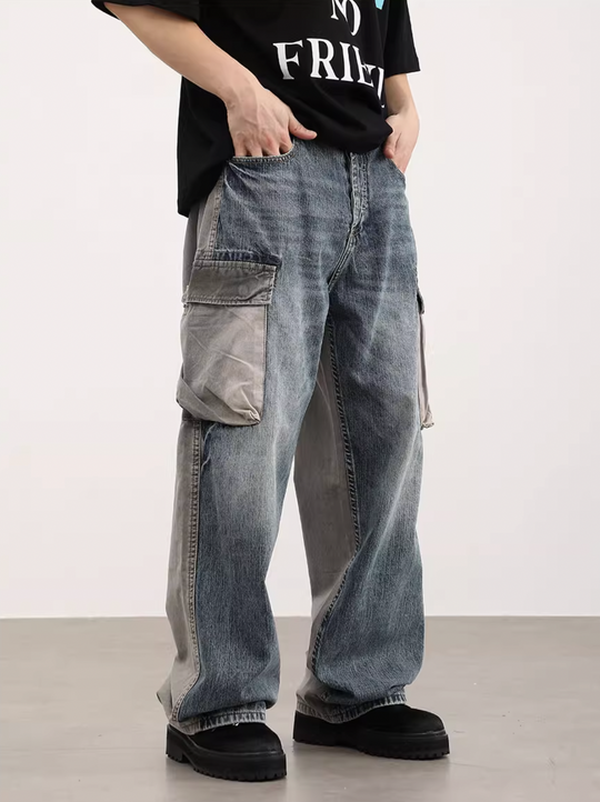 F3F Select Washed Multi Pocket Loose Denim Cargo Pants