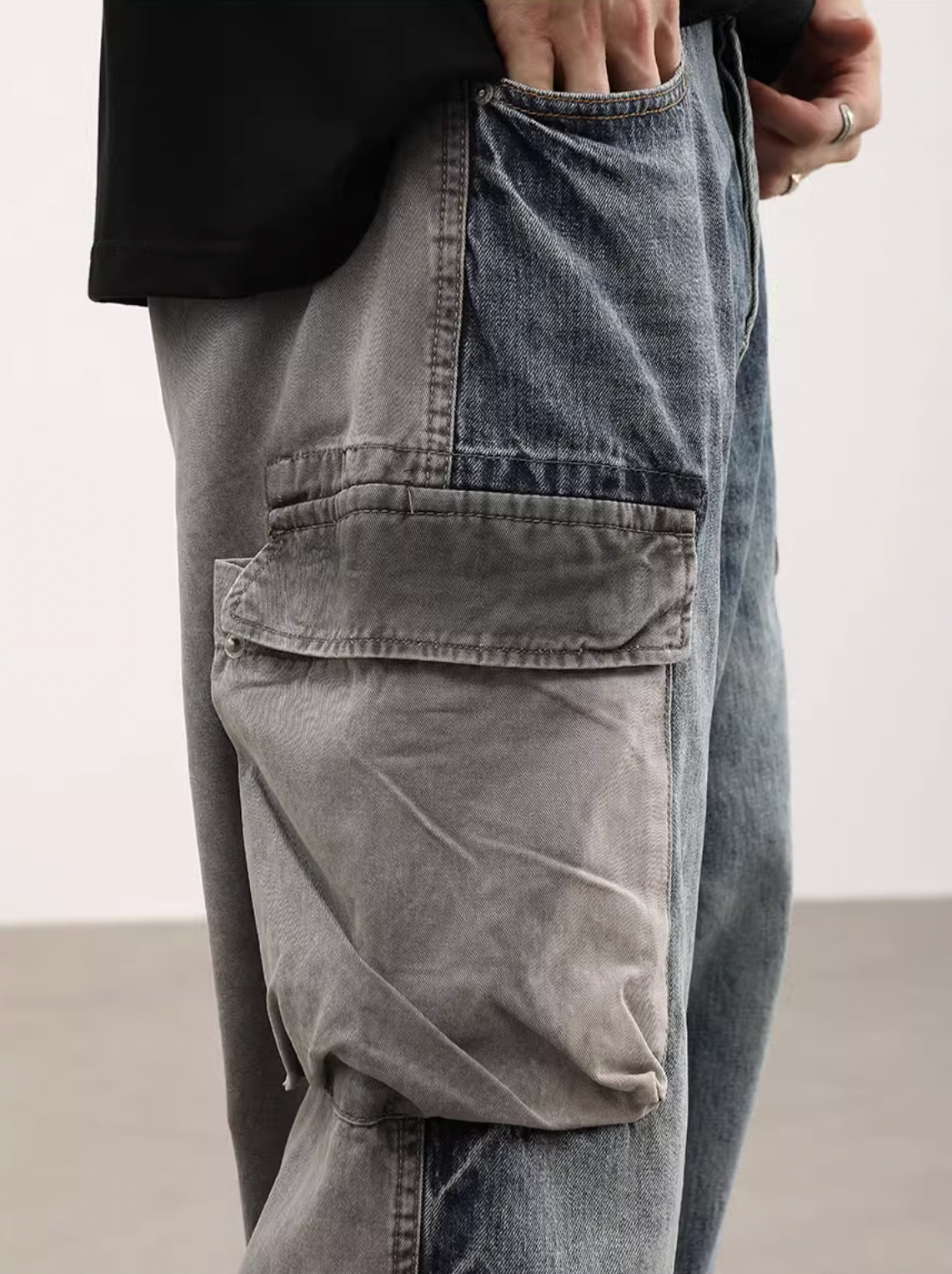F3F Select Washed Multi Pocket Loose Denim Cargo Pants