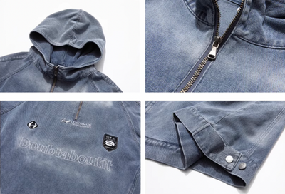 F3F Select Washed Hooded Half Zipper Denim Jacket