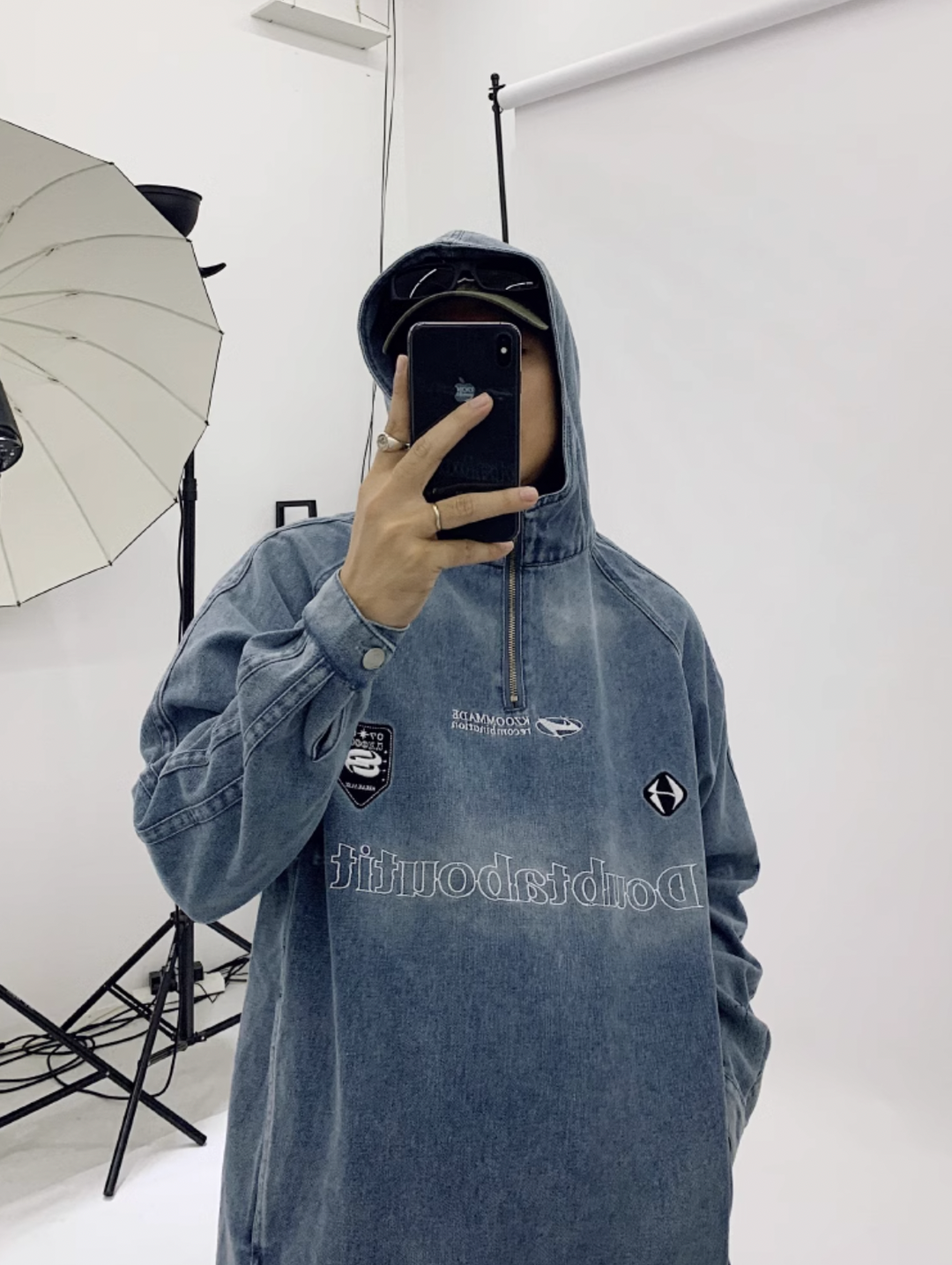 F3F Select Washed Hooded Half Zipper Denim Jacket