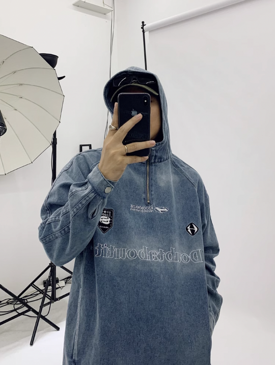 F3F Select Washed Hooded Half Zipper Denim Jacket