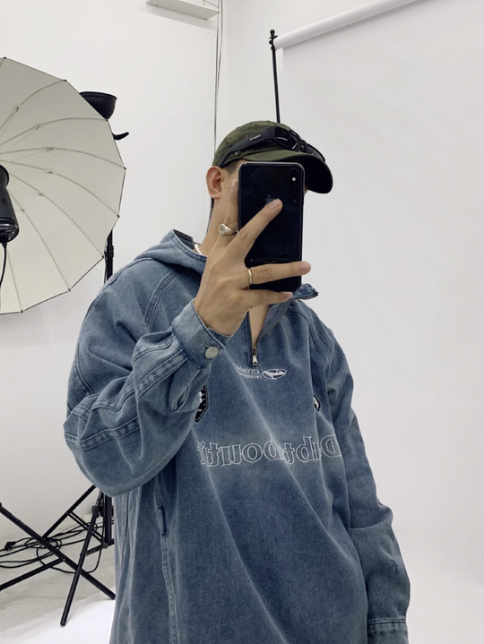 F3F Select Washed Hooded Half Zipper Denim Jacket