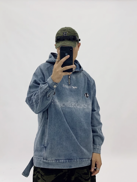 F3F Select Washed Hooded Half Zipper Denim Jacket