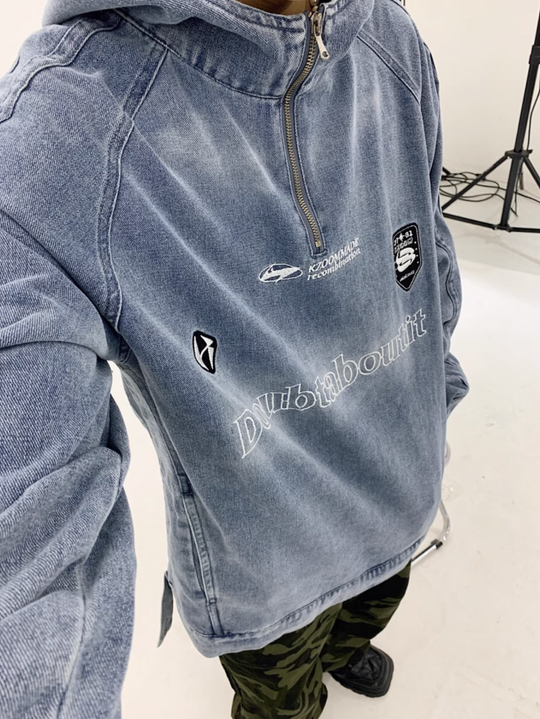 F3F Select Washed Hooded Half Zipper Denim Jacket