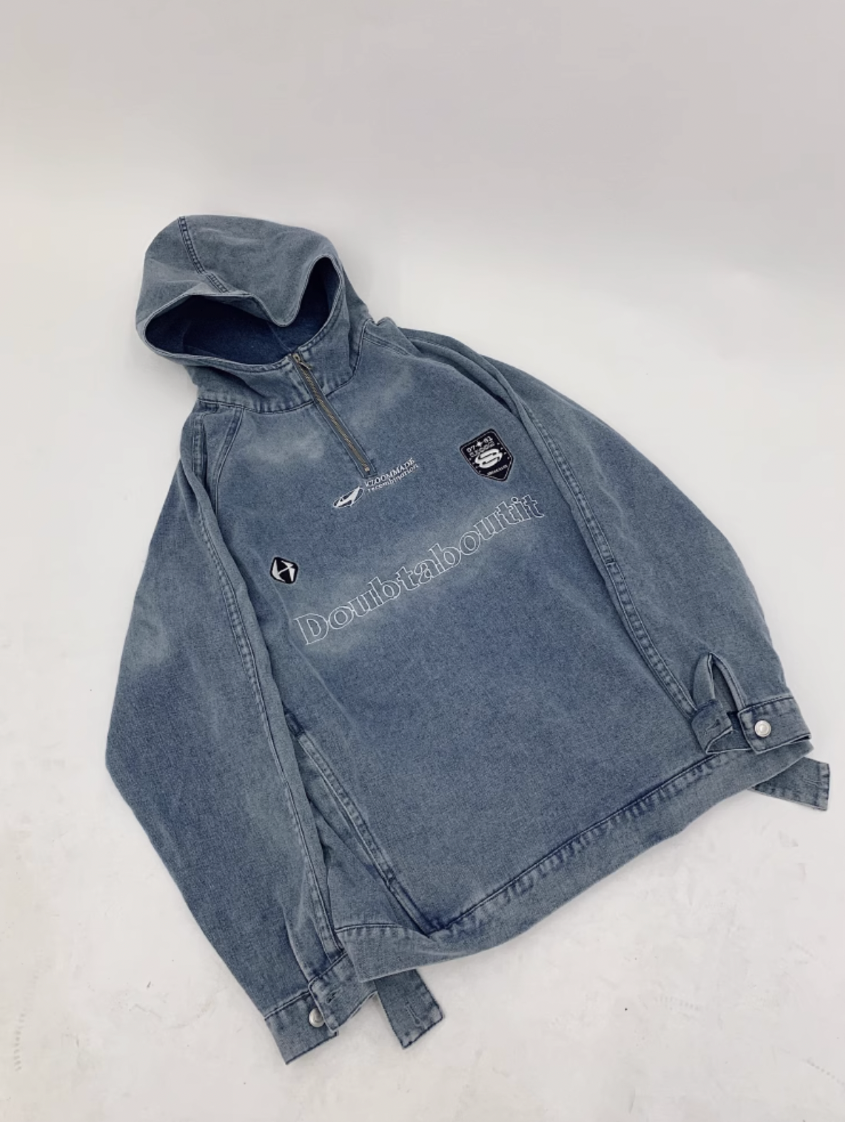 F3F Select Washed Hooded Half Zipper Denim Jacket