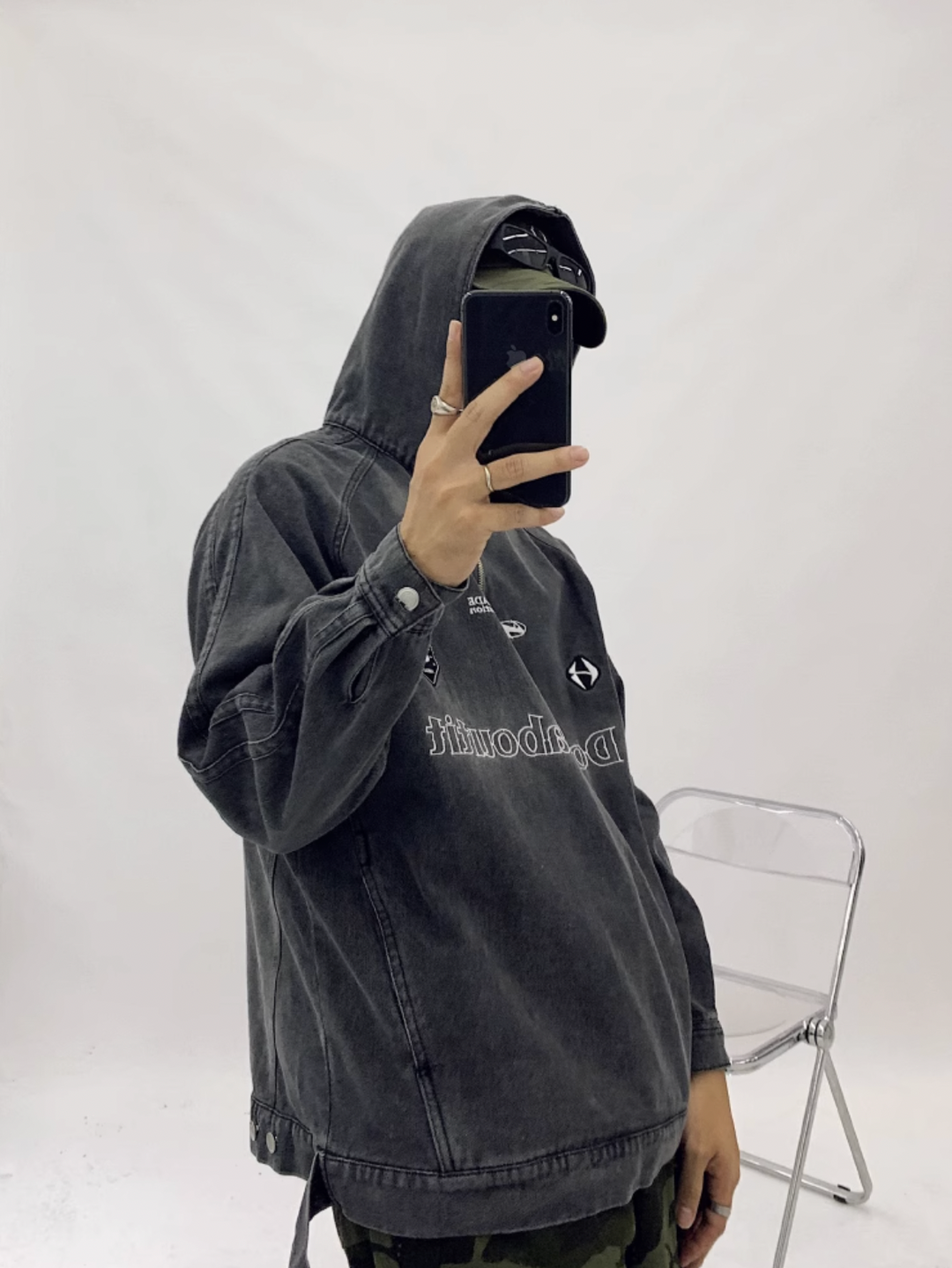 F3F Select Washed Hooded Half Zipper Denim Jacket