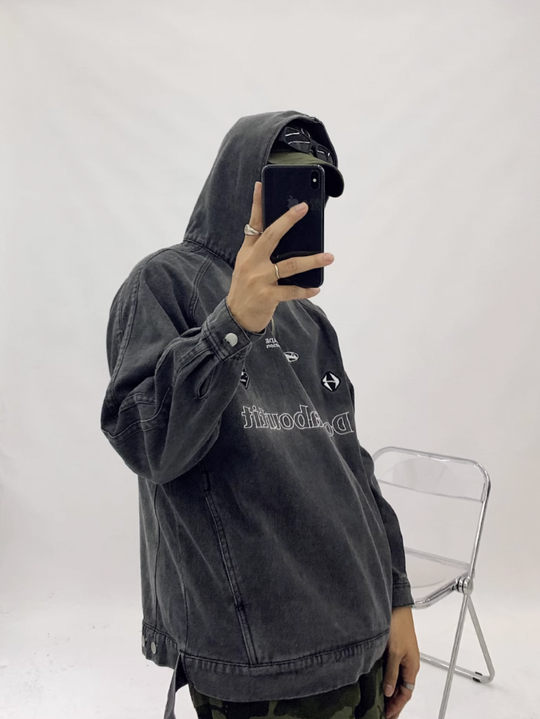 F3F Select Washed Hooded Half Zipper Denim Jacket