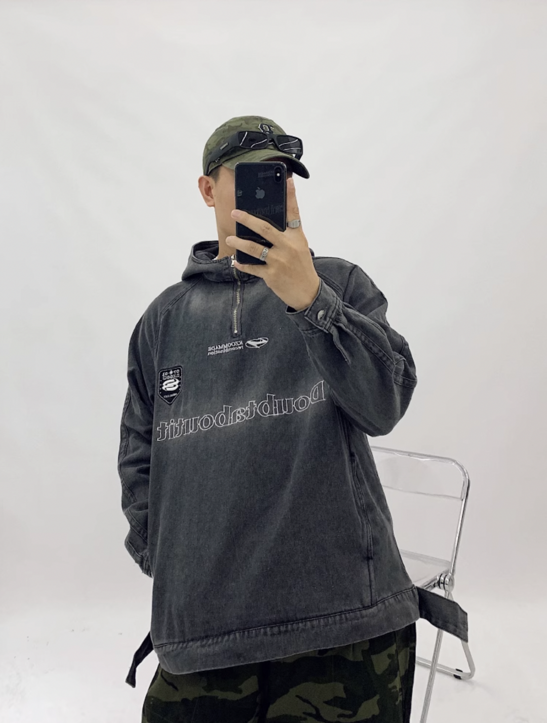 F3F Select Washed Hooded Half Zipper Denim Jacket