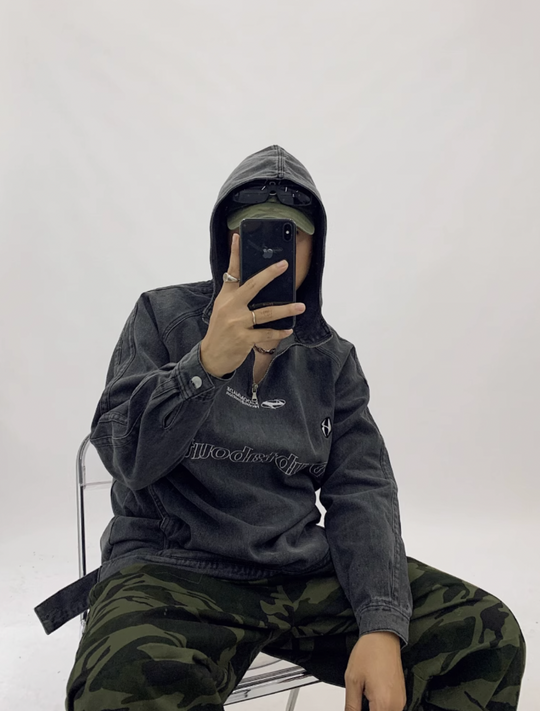 F3F Select Washed Hooded Half Zipper Denim Jacket