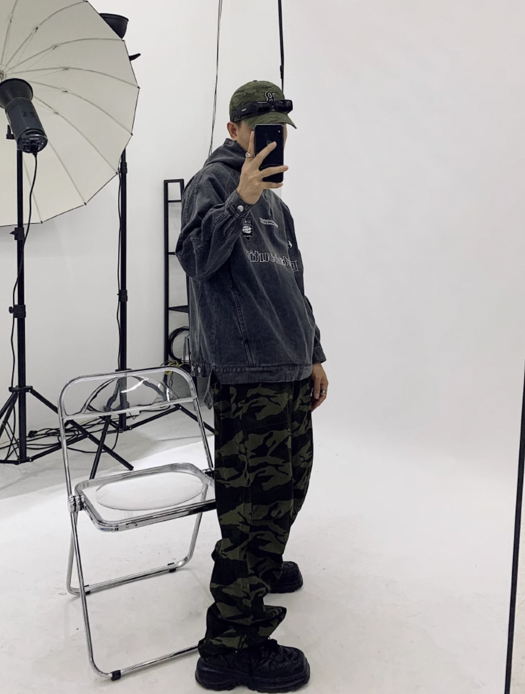 F3F Select Washed Hooded Half Zipper Denim Jacket