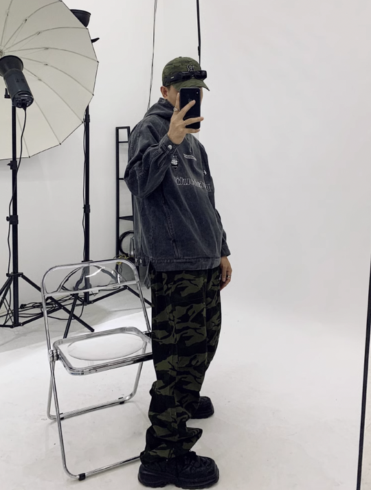 F3F Select Washed Hooded Half Zipper Denim Jacket