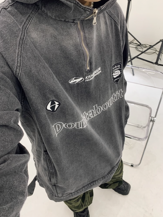 F3F Select Washed Hooded Half Zipper Denim Jacket